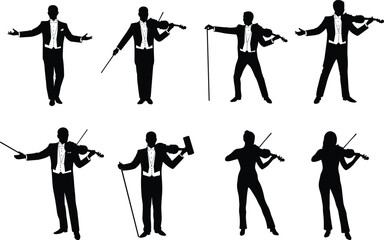 “Silhouettes of male and female violinists performing musical poses, classical orchestra musicians playing violins with bows, elegant formal attire on white background”