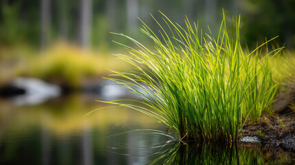 Fototapeta premium Long Exposure of Smooth Water Surface with Reflection of Grass and Nature's Colors in a Tranquil Setting