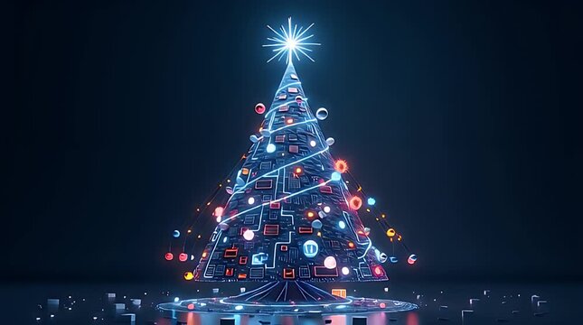 A futuristic technology tree with circuit-branch patterns, microchip ornaments, glowing nodes, neon wire garlands, and a hologram star topper. Base decorated with gadgets, data icons, and pixel blocks
