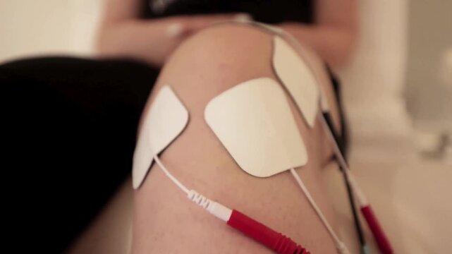 electrical stimulation physical on knee with electrodes attached closeup.