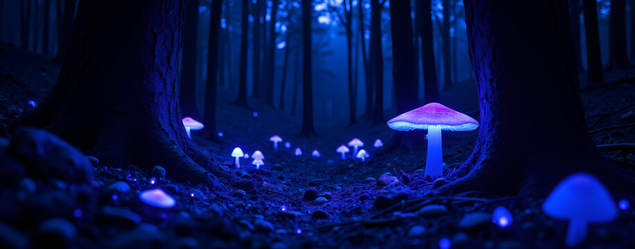 Bioluminescent mushrooms glowing in a dark forest at night