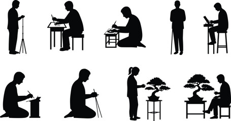 Collection of artist and gardener silhouettes illustrating drawing, painting, bonsai shaping, and creative hobby activities for education, craftsmanship, and artistic lifestyle projects