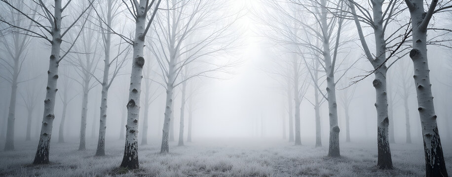 Foggy forest with bare trees creating mysterious atmosphere  