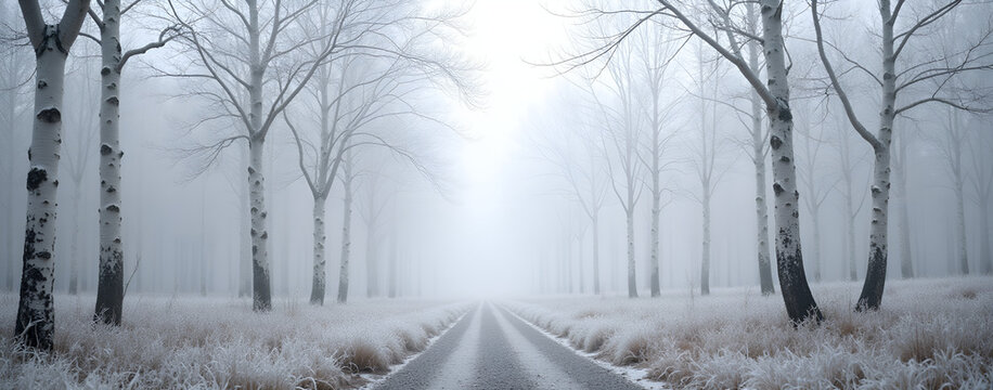 Frosty winter road surrounded by snowy birch trees in fog  