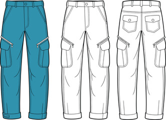 Men's cargo pants technical fashion illustration set, colored and outline front back views with zipper pockets, vector CAD drawing. © MstMuktarinaAkter