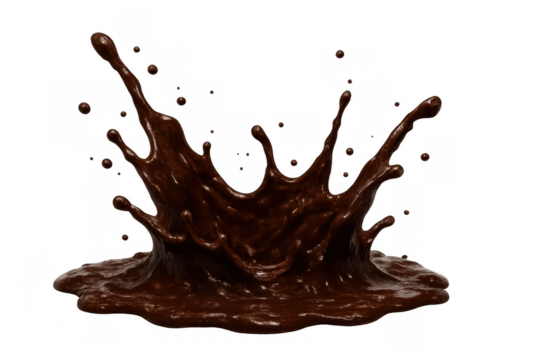 Dark liquid chocolate splashing, creating dynamic crown shapes with drops, on a transparent background