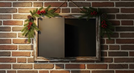 Rustic wooden frame with Christmas decorations of pine branches and berries hanging on a brick wall.