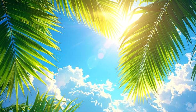 Tropical sunny day with palm fronds framing a bright blue sky filled with fluffy white clouds, the sun shining through
