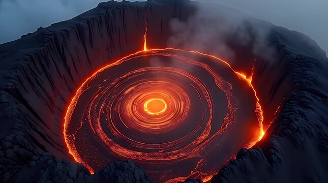 Top-down dramatic view of an active volcano crater, concentric glowing lava rings, dark basalt textures, smoke clouds, strong contrast between red heat and black rock.