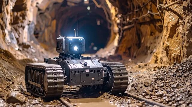 Autonomous tracked robot with bright lights explores a dark, muddy underground mine tunnel, showcasing advanced technology for industrial inspection and remote sensing