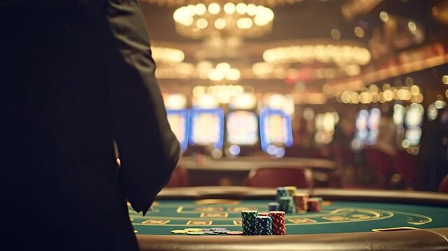 Casino Table Scene A Blackjack Game in Progress with Chips and Blurred Background Lights