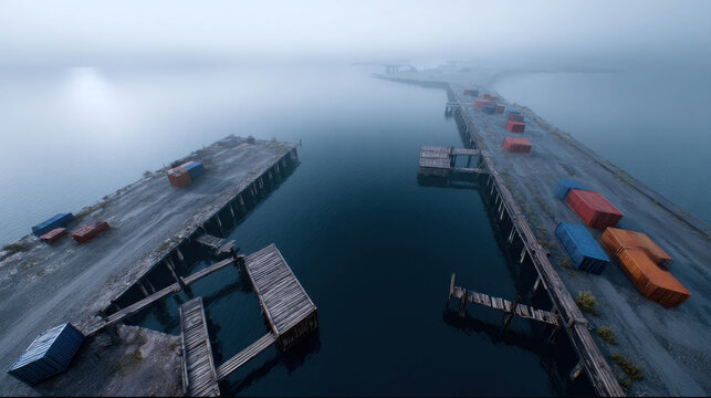Aerial View of Ruined Harbor with Broken Piers and Colorful Shipping Containers Jutting into Still Water Under Foggy Sky