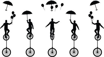 Creative silhouette illustration of people riding unicycles holding umbrellas and balloons, performing balance tricks, circus style, and artistic design concept © Md