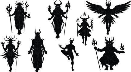 Dark demon silhouette illustration set, fantasy creature vector art, mythical monster design with wings and fire, black fantasy character artwork