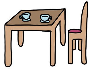 Cute hand drawn illustrations of table, chair and tea cups for 