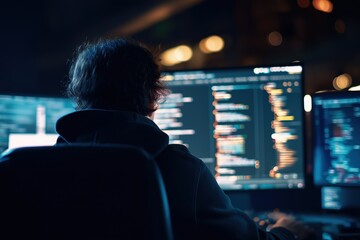 A young developer coding in a low-light environment with projected code visuals, highlighting software creation and IT solutions for modern technology and corporate use.