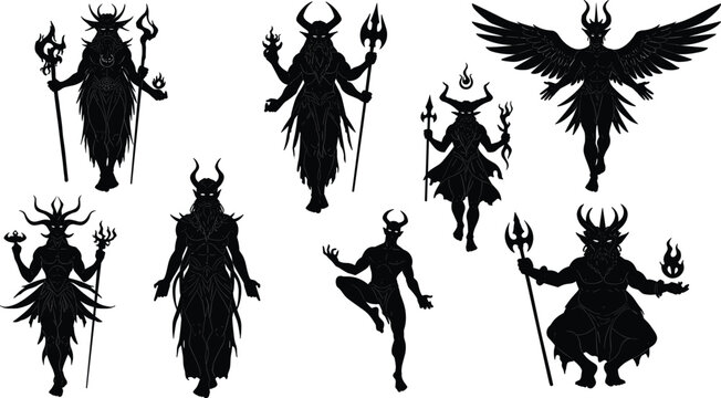 Dark demon silhouette illustration set, fantasy creature vector art, mythical monster design with wings and fire, black fantasy character artwork