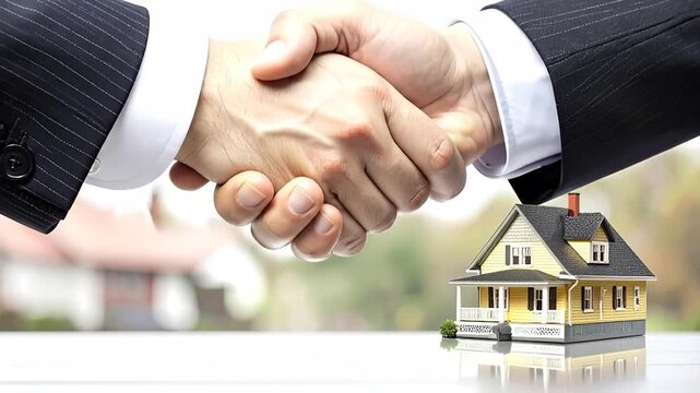 Real Estate Partnership and Deal Closing - A Handshake Over a Miniature House Symbolizing Agreement and Trust