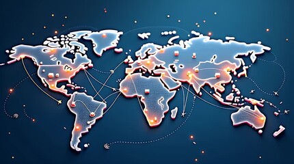 An isometric world map with glowing shipping routes, cargo icons, delivery trucks, airplanes, ships, warehouse markers, and digital tracking lines. Clean, polished, professional logistics illustration - Powered by Adobe