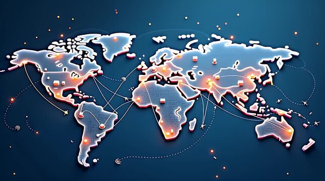An isometric world map with glowing shipping routes, cargo icons, delivery trucks, airplanes, ships, warehouse markers, and digital tracking lines. Clean, polished, professional logistics illustration