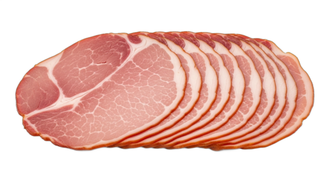 A stack of several slices of raw uncooked back bacon rashers isolated on a white background. PNG Transparent