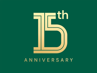 15th Anniversary luxury gold celebration with elegant Connecting shapes number logo typography vector design concept. Fifteen years anniversary gold logo template for celebration event, invitation.