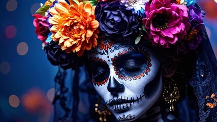 Intricate skull makeup with vibrant floral adornments, celebrating ancestral remembrance and cultural heritage through striking visual artistry and profound symbolism