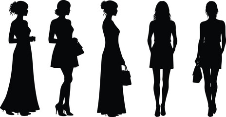 Elegant women silhouettes wearing fashionable dresses and carrying handbags, stylish female models posing in evening gown and casual outfit illustration