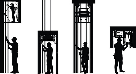 Elevator technicians repairing lift system inside shaft, maintenance workers with tools ensuring safety, industrial equipment service and vertical transportation inspection work
