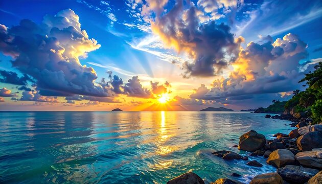 A vibrant sunset over tranquil ocean waters with dramatic cloud formations. The sun casts golden rays across the surface