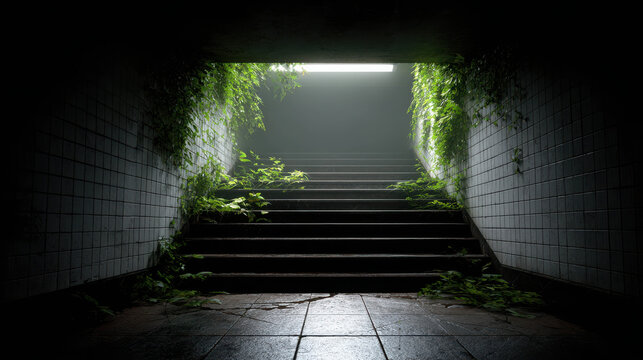 Intriguing Subway Entrance Covered in Vines and Moss with Broken Steps in a Dimly Lit Environment