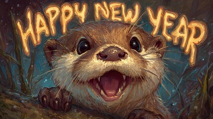 Cute otter illustration with Happy New Year text a whimsical greeting card design perfect for holiday celebrations and festive wishes