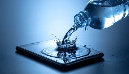A bottle pours water onto a flat, rectangular device causing a splash. The background is a gradient of blue tones
