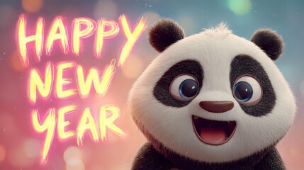 Cute panda wishing Happy New Year a festive cartoon illustration for holiday greetings and social media posts with a bokeh background