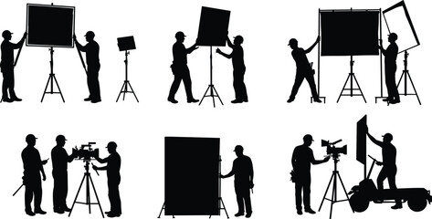 Film crew setting up lighting and camera equipment on set, teamwork in video production, professional cinematography and studio shooting preparation concept