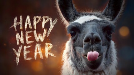 Funny llama portrait with tongue out wishing Happy New Year a humorous animal greeting for the holiday season