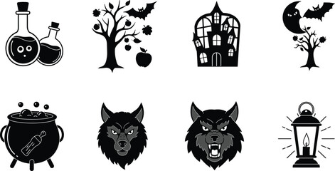 Halloween spooky icons collection with werewolf, haunted house, potion bottles, bats, and lantern, scary night illustration for horror design concept