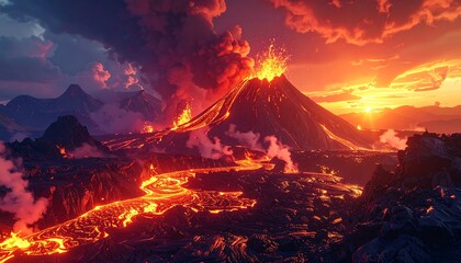 A volcanic eruption scene, with lava flows, fiery clouds, and an otherworldly landscape during sunset