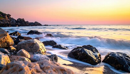 A serene beach scene at sunrise, with soft pastel colors in the sky and gentle waves lapping against smooth, wet rocks.