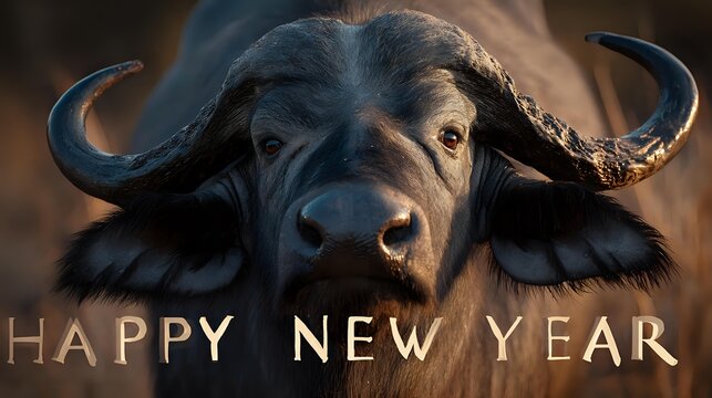 Close-up of a cape buffalo with Happy New Year text overlay a festive wildlife image for holiday greetings and celebrations - Powered by Adobe