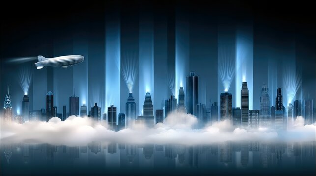 A stylized, futuristic city skyline with a blimp soaring above clouds and illuminated by dramatic blue light beams emanating from the buildings.
