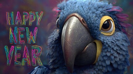 Festive blue macaw parrot celebrating Happy New Year colorful and vibrant illustration for holiday greetings and seasonal cheer