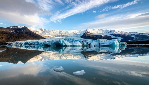 A serene glacial lagoon filled with icebergs, reflecting the majestic snow-capped mountains and a dynamic sky.
