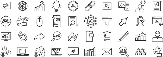 Digital Marketing and Strategy line Icon Set – Marketing, Business, Technology, Data, and Communication symbol outline style