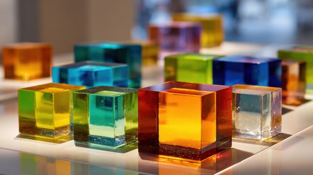 A collection of colorful glass cubes arranged in a pattern. The cubes are of different colors and sizes, creating a visually appealing display. The arrangement of the cubes suggests a sense of order