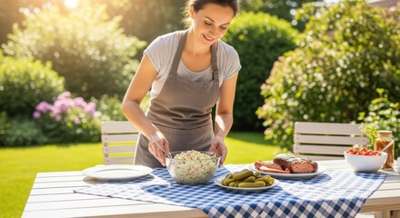 Asian female adult prepares outdoor summer meal in sunny garden