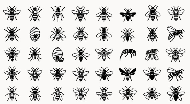 Collection of stylized bee and wasp icons and illustrations, featuring various insects and hives in a minimalist outline style