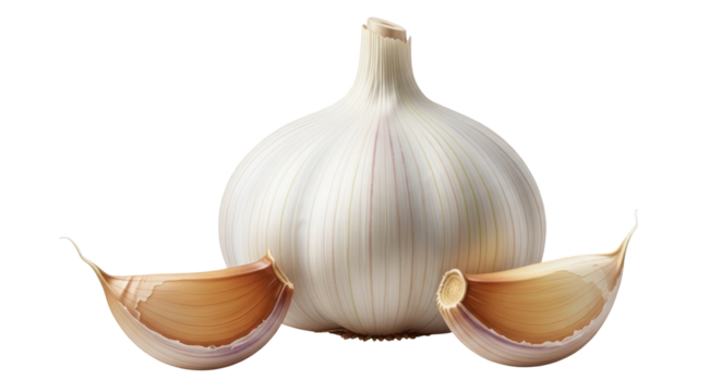 Whole garlic bulb with two cloves isolated on a transparent background food ingredient