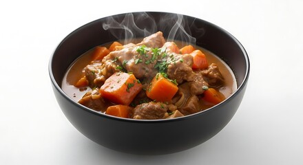 Hearty Bowl of Beef Stew with Carrots and Herbs.