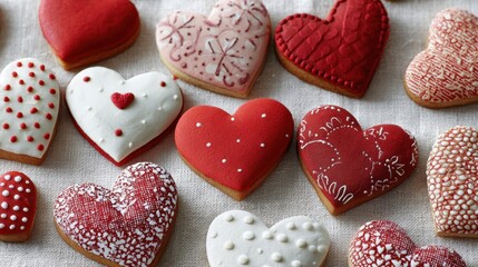 A collection of heart-shaped cookies with white icing and red accents. The cookies are arranged in a row on a white tablecloth